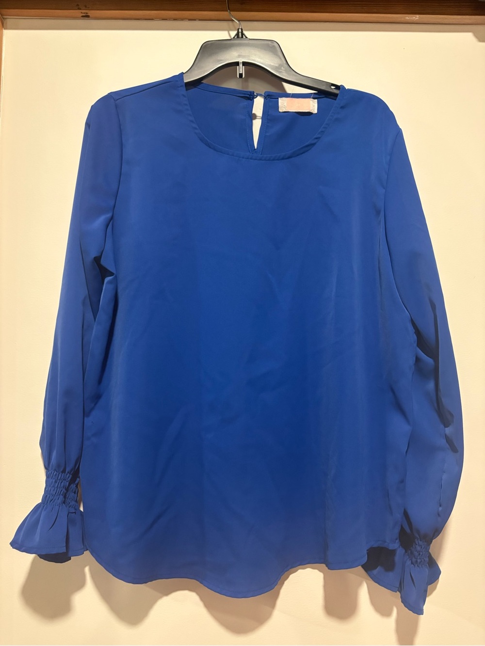 Women's Cobalt Blue Long-Sleeve Blouse with Smocked Cuffs
